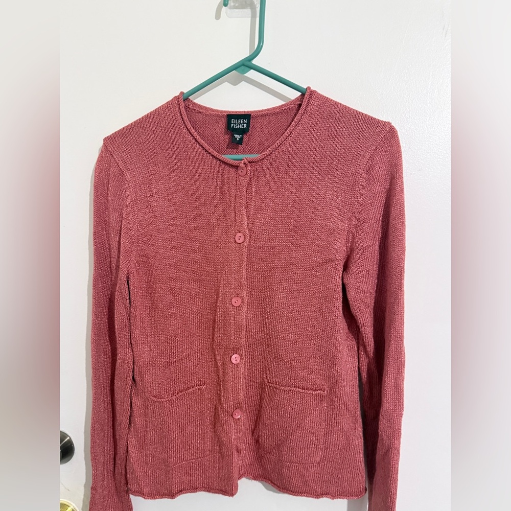 Eileen Fisher pink silk blend button up cardigan sweater